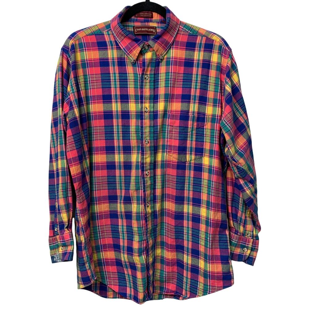 Chaps x Ralph Lauren Mens XL Light Flannel Pink Orange Yellow Plaid Shirt